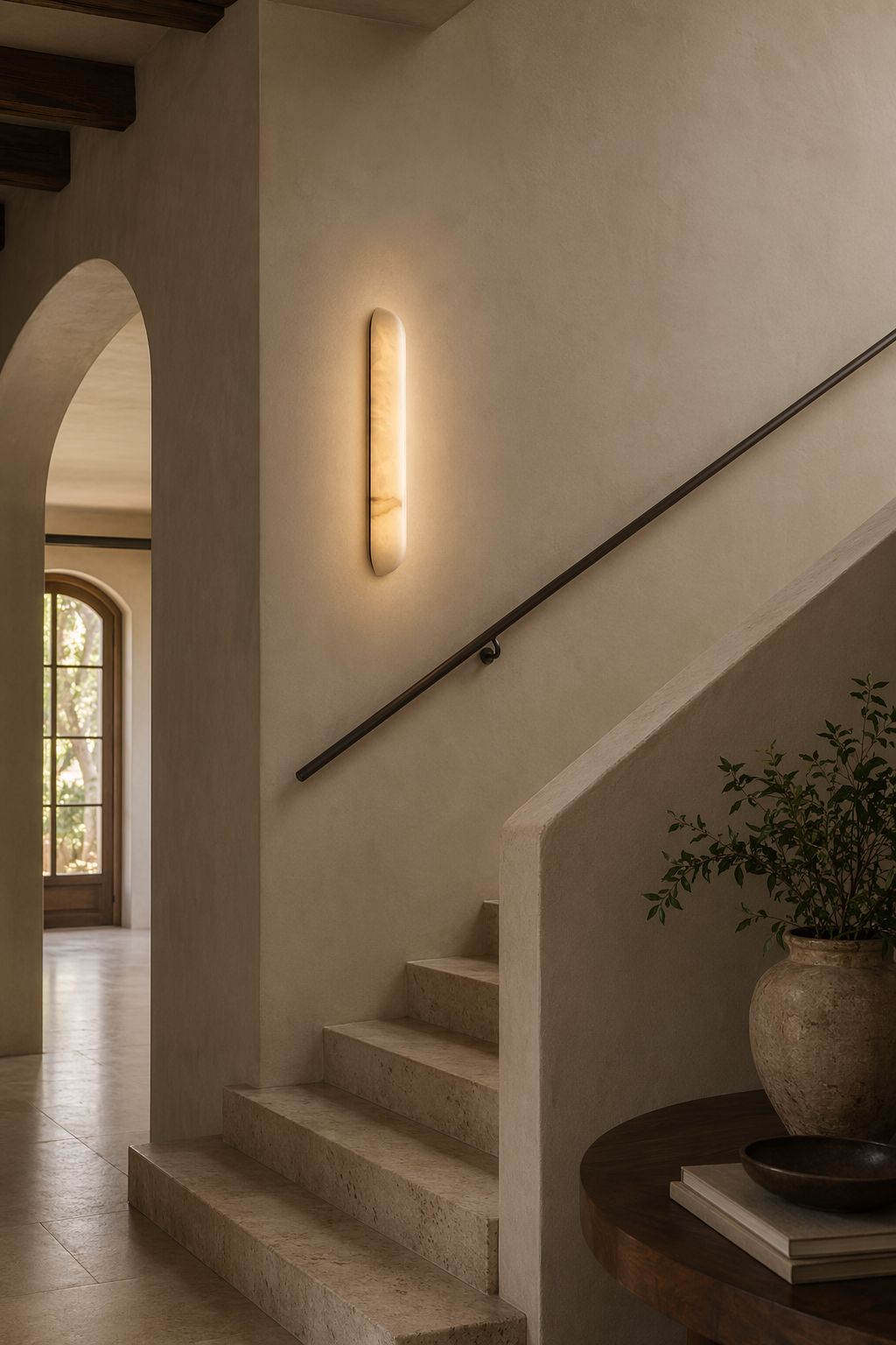Slim alabaster capsule wall sconce beside a staircase