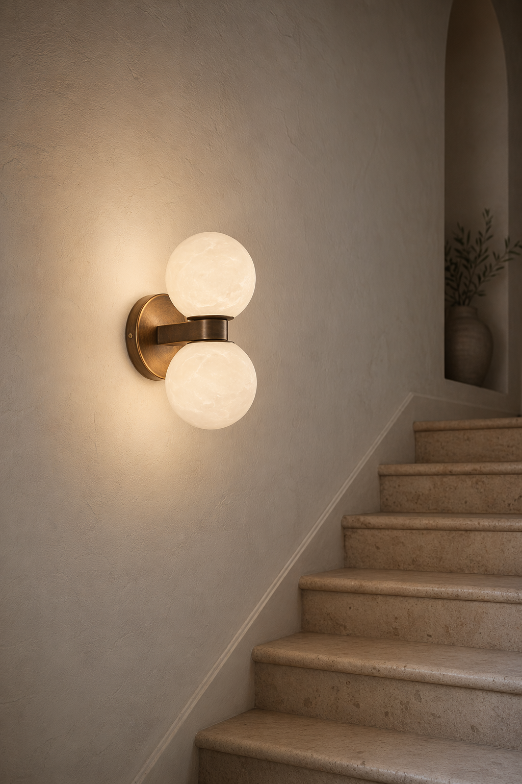 Modern Alabaster Double Globe Wall Sconce in Antique Brass - product image 04