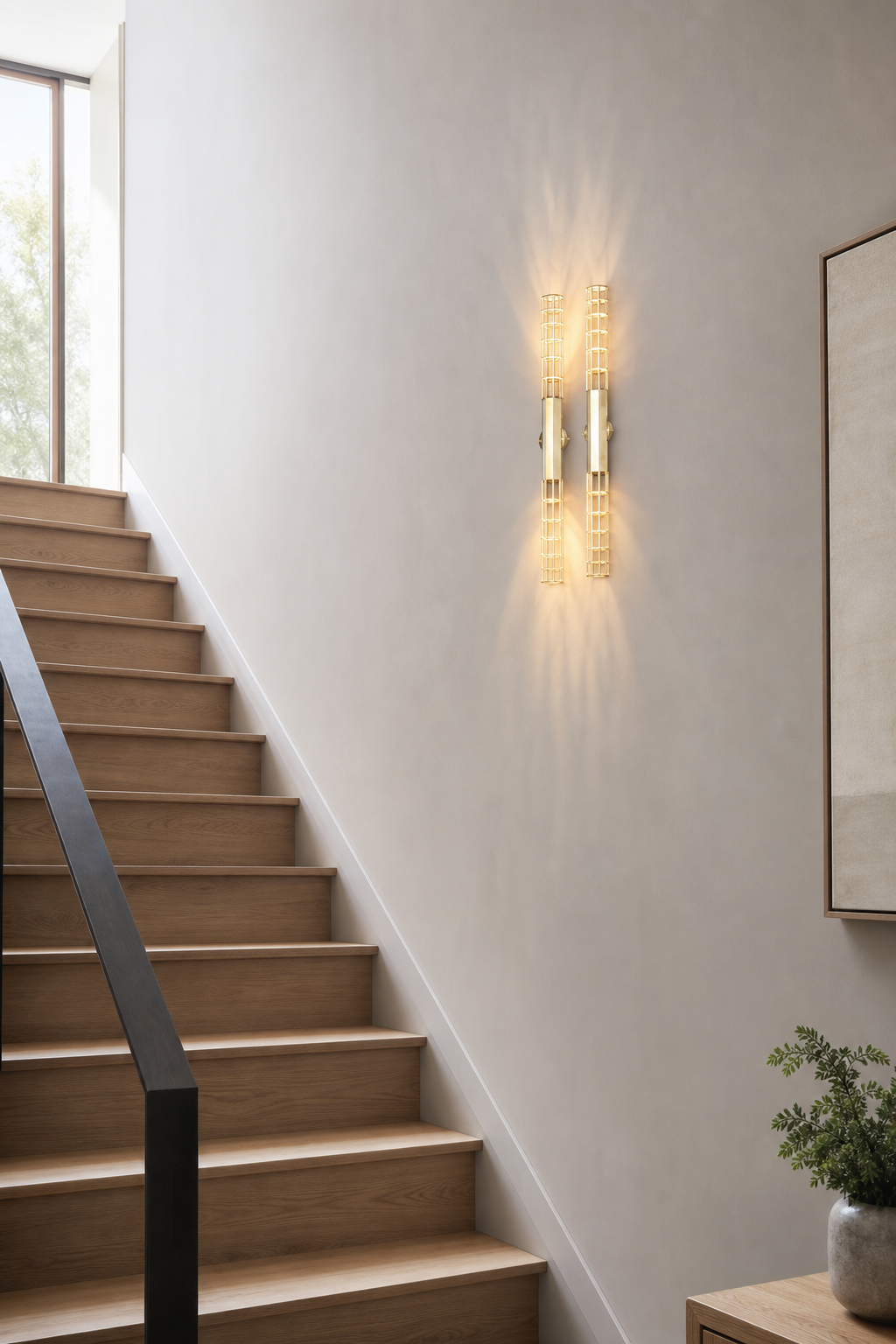 Modern Natural Brass Linear LED Wall Sconce - generated main 07 07-stairway-wall-wide