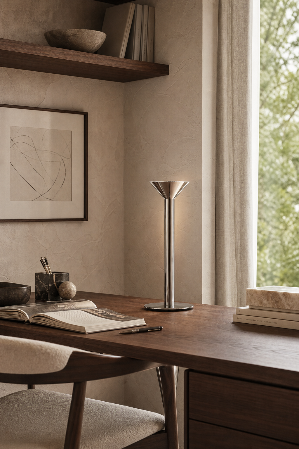 Minimalist Cone LED Table Lamp styled in a study or reading area, view 7