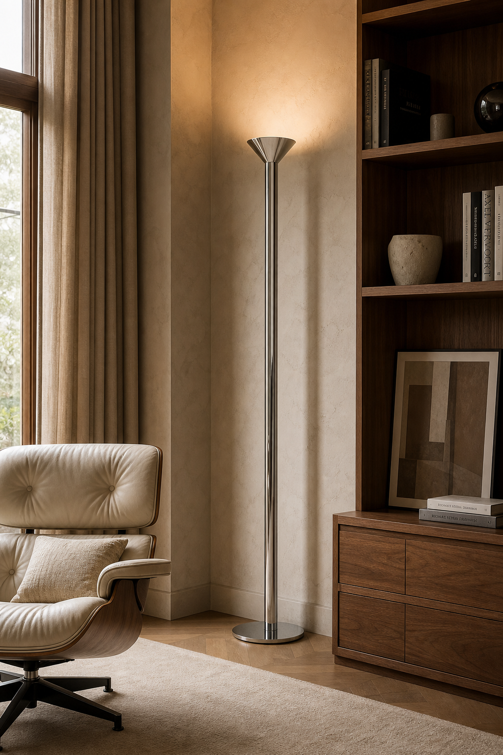 Minimalist Cone LED Floor Lamp in chrome styled in a designer interior, view 7