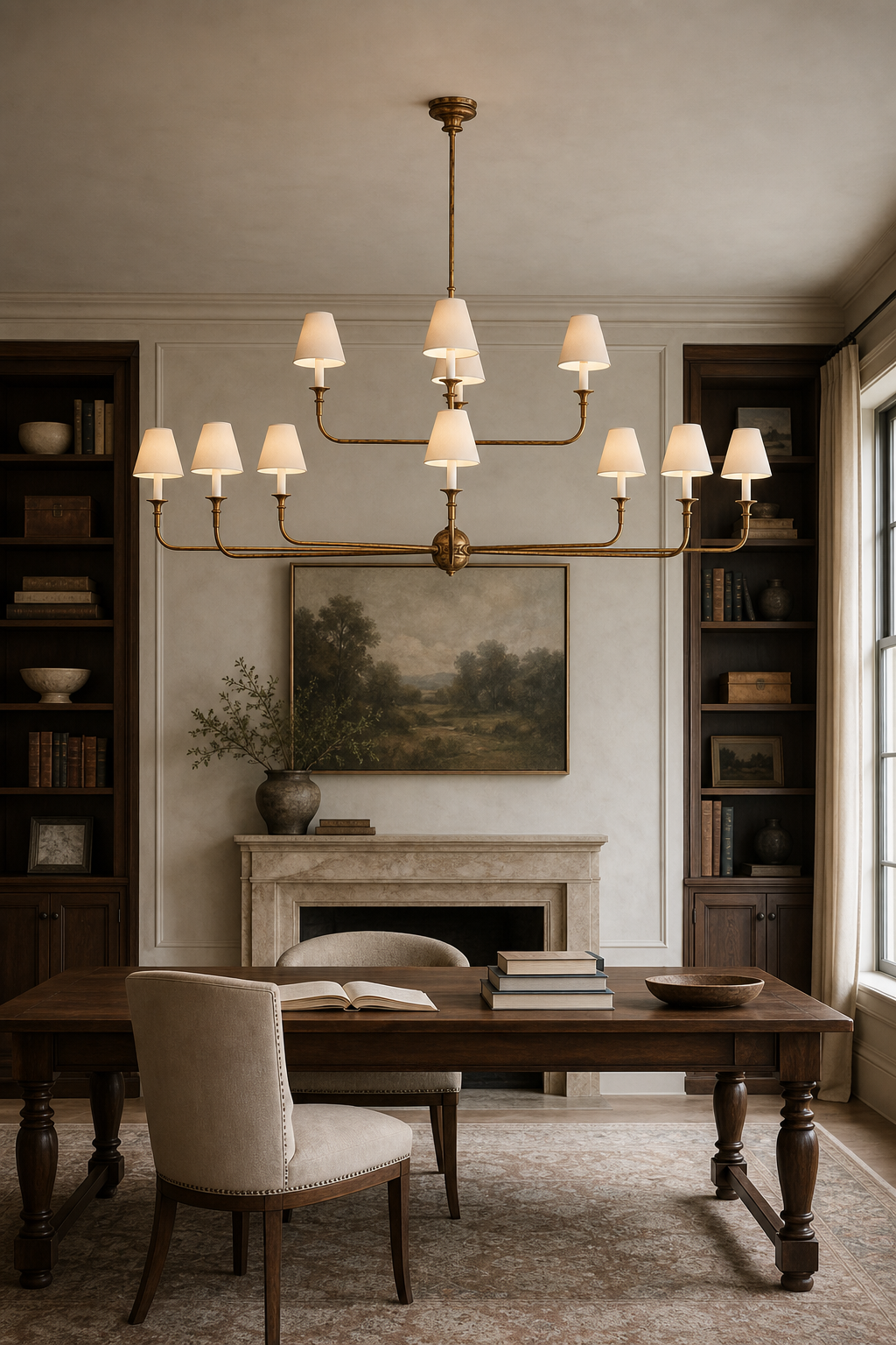 Tiered Brass and Fabric Linear Chandelier shown in a refined study library, view 7