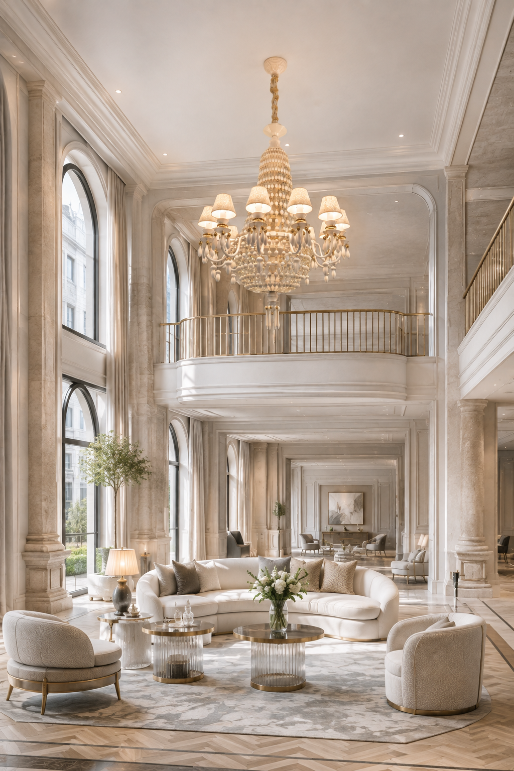 Ivorelle 12-light chandelier – bright hotel lounge