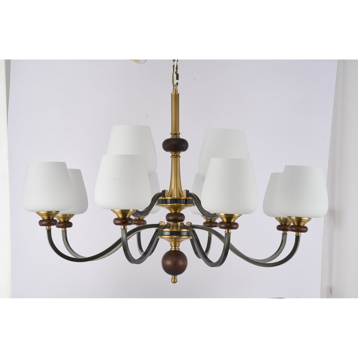 Supplier real photograph of the Wetherby fifteen-light two-tier chandelier complete unlit front view