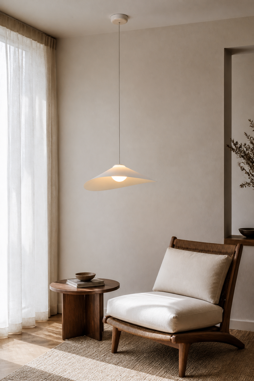 Velaire Sculptural Wing Pendant Light 50 cm installed scene 5 with complete ceiling connection