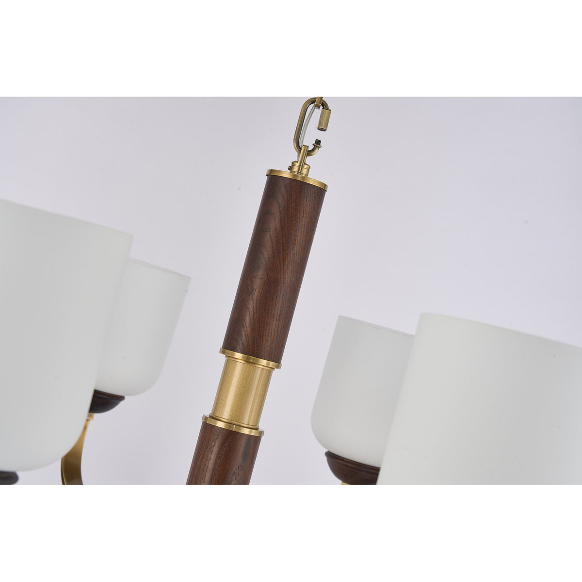 Supplier real detail photograph of the Bellgrave opal glass shades and dark ash-wood center column