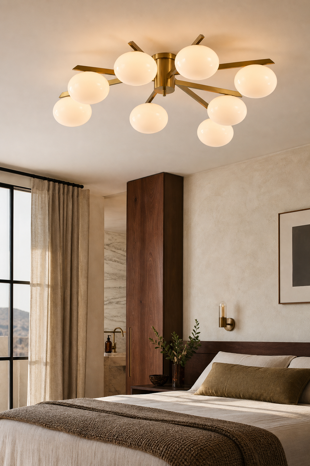 Solid Brass Opal Glass Semi-Flush Ceiling Light installed in a bedroom, view 8