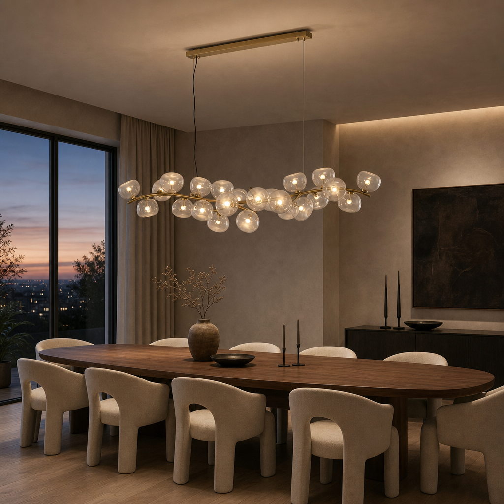 Clear glass 26-light linear chandelier illuminated above a modern walnut dining table
