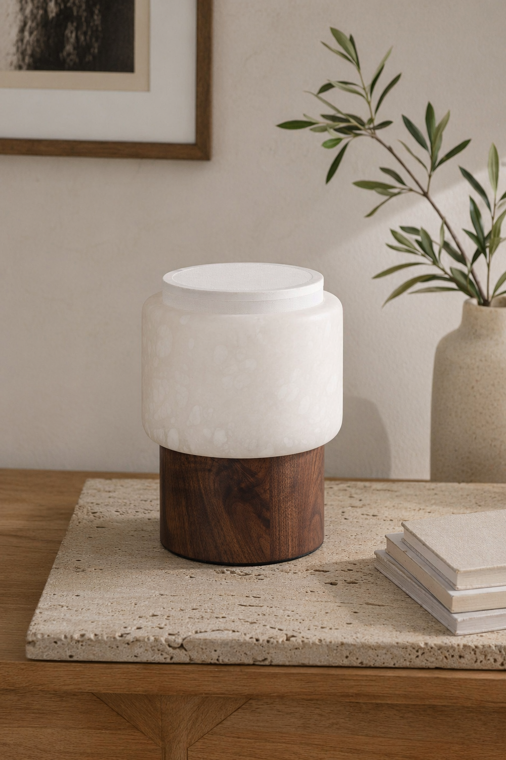 Modern Alabaster Wood Cylinder Table Lamp - 08 08-daylight-product-lifestyle
