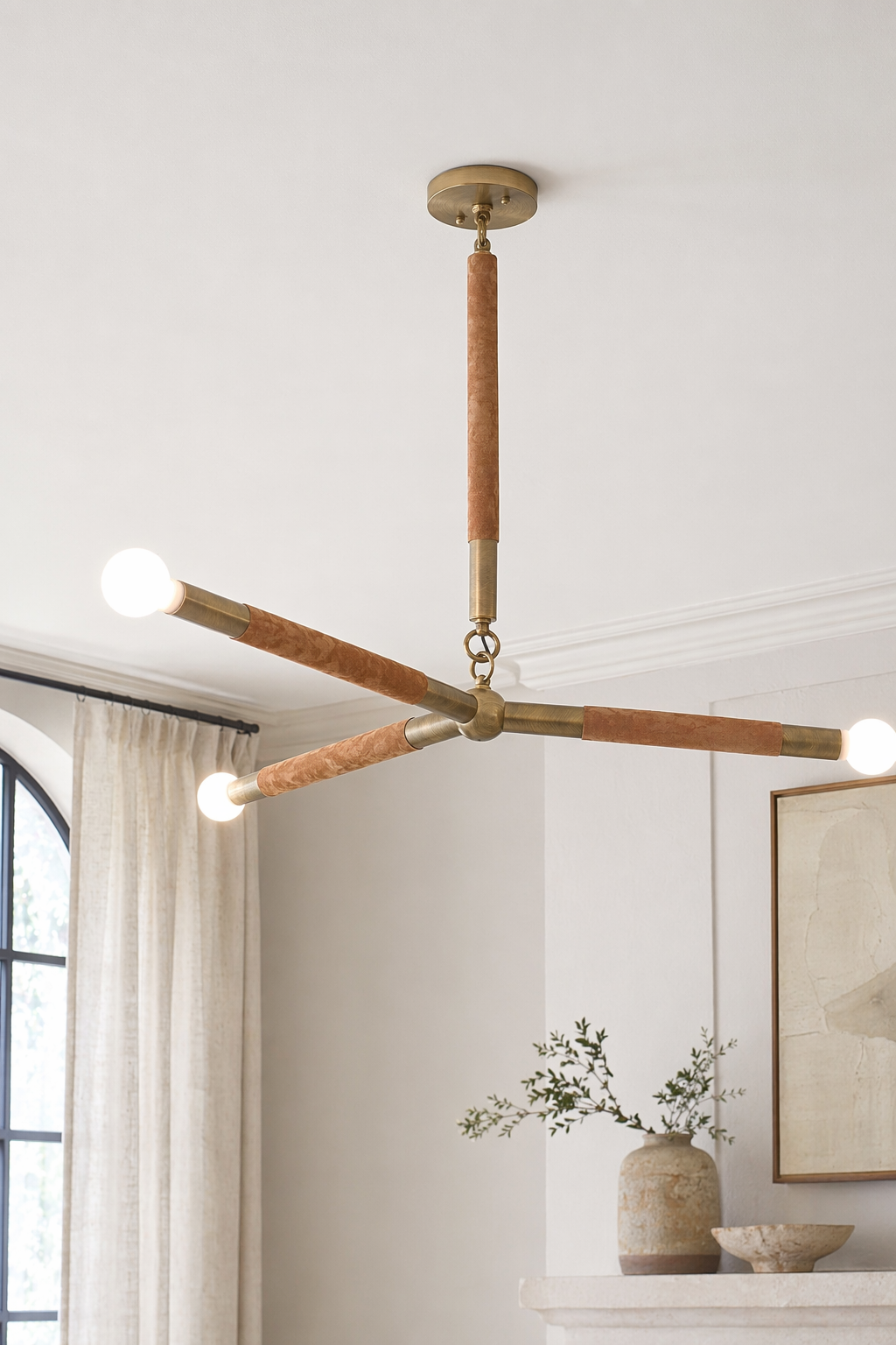 Modern Brass Branch Chandelier with Suede Accents - generated main 08 08-detail-room-scene