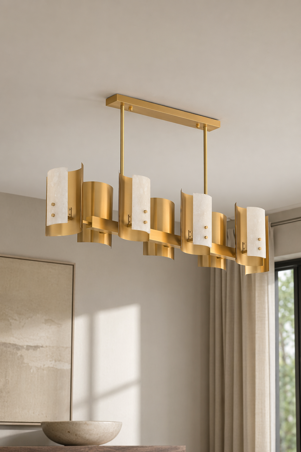 Modern Brushed Brass Alabaster Linear Chandelier - generated main 08 08-detail-room-scene