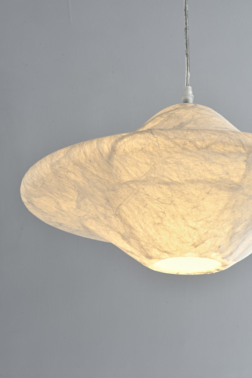 Handmade Mulberry Silk Saucer Pendant Light in White - 08 08-detail-silk-saucer-shade-texture-lit