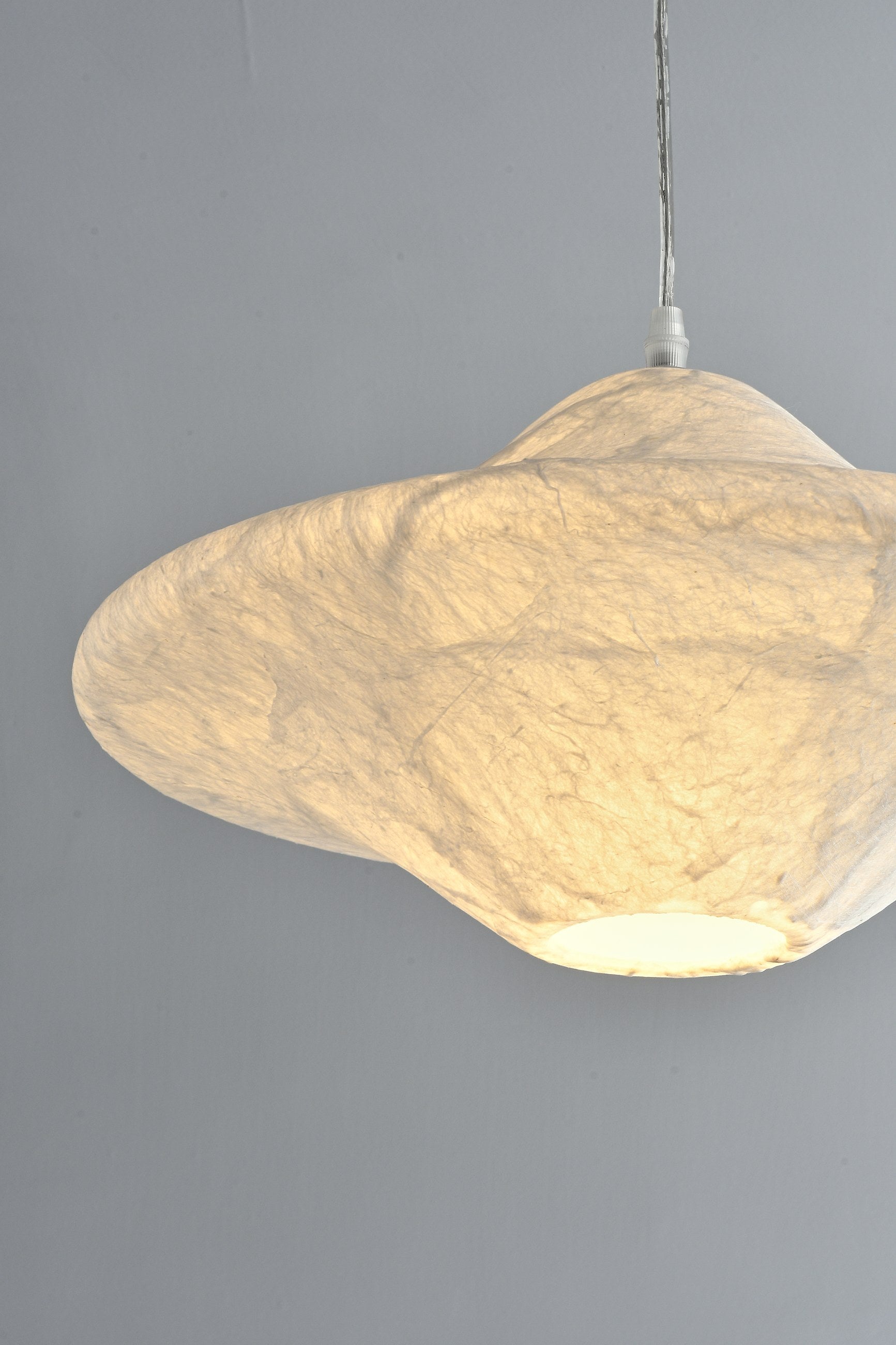 Handmade Mulberry Silk Saucer Pendant Light in White - 08 08-detail-silk-saucer-shade-texture-lit