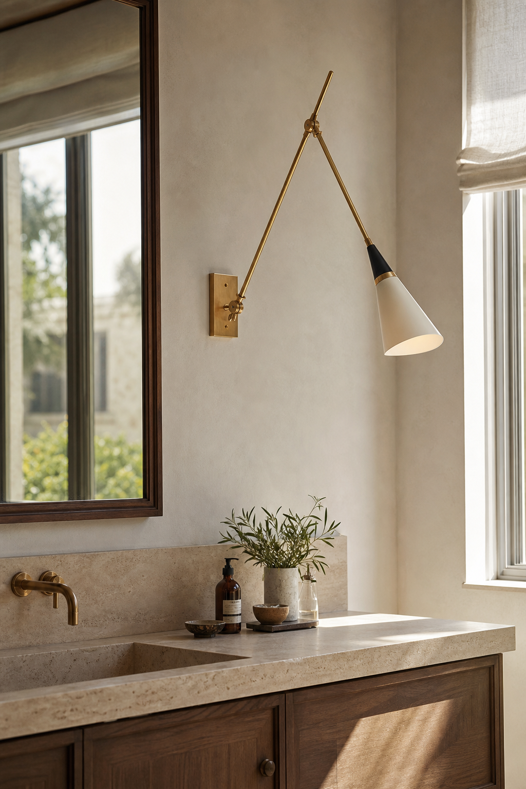 Adjustable Brass Wall Sconce — Long Arm sconce beside a dry vanity