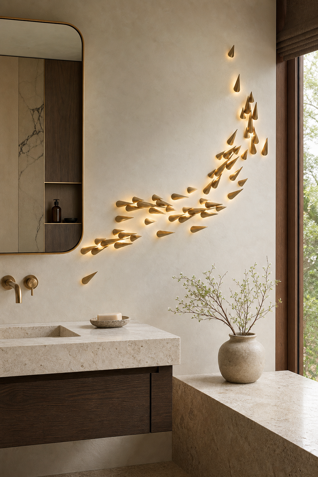 Brass Leaf LED Wall Art Sconce installed by a dry vanity or mirror, view 8