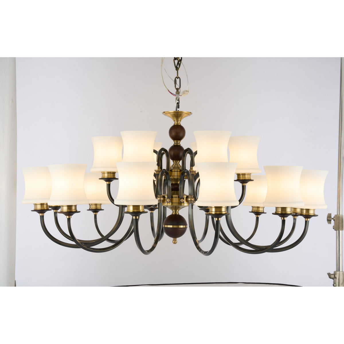 Supplier real photograph of the Ebonelle eighteen-light two-tier chandelier complete front view