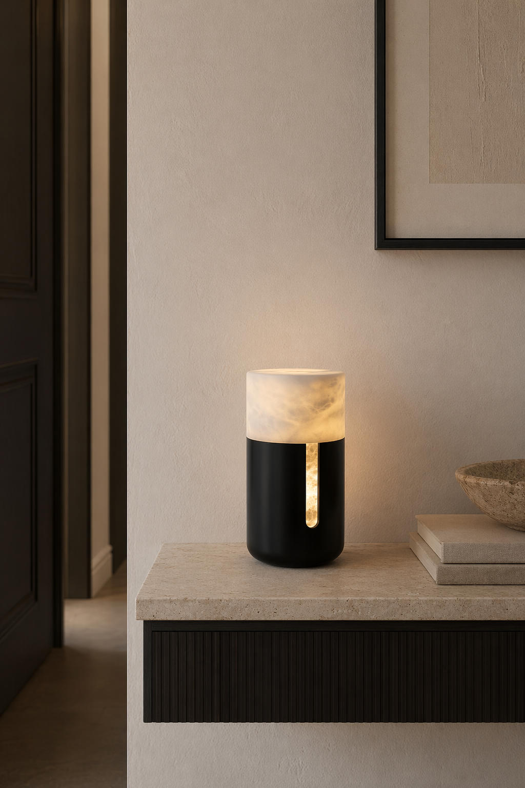 Modern Alabaster Cylinder Table Lamp in Matte Black - product image 06