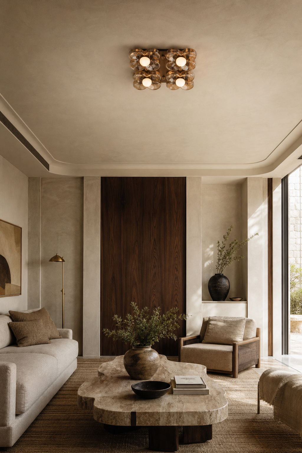 4-Light Amber Glass Flush Mount Ceiling Light installed in a living room