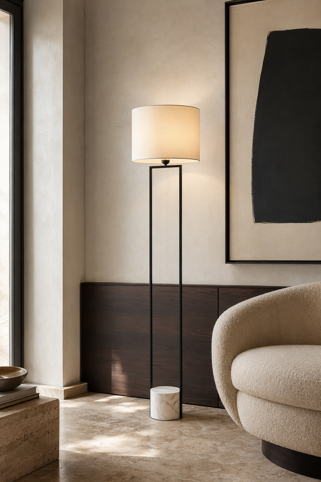 Double-Rod Marble Base Floor Lamp in black styled in a designer interior, view 8
