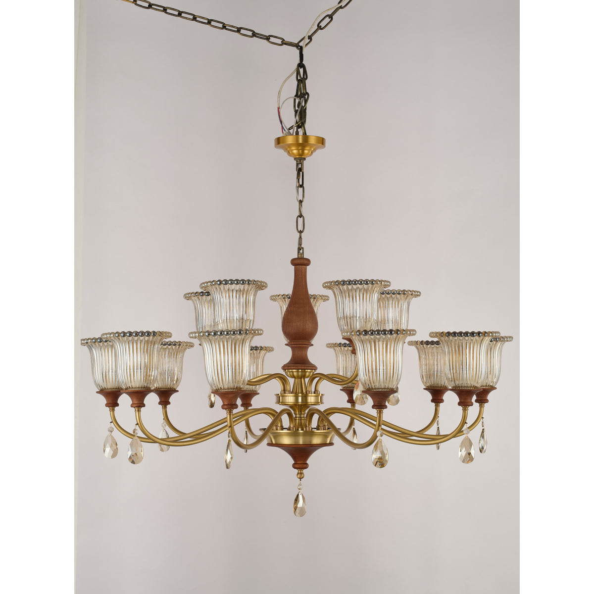 Real product photograph of the Rosalind fifteen-light two-tier chandelier