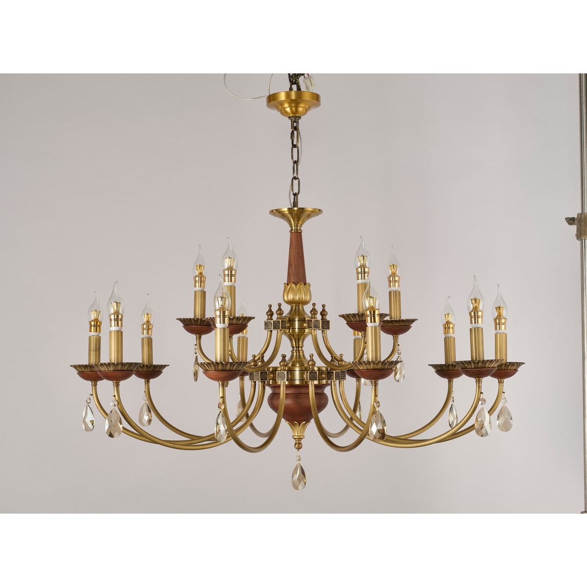 Real product photograph of the fifteen-light two-tier chandelier