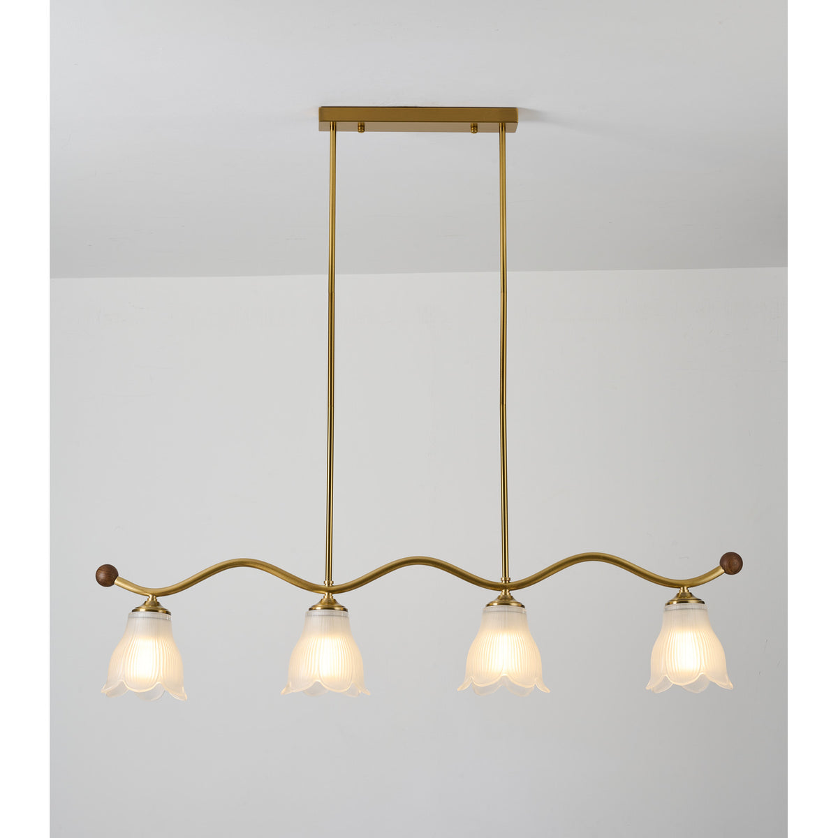 Supplier real front product photograph of the four-light linear chandelier illuminated