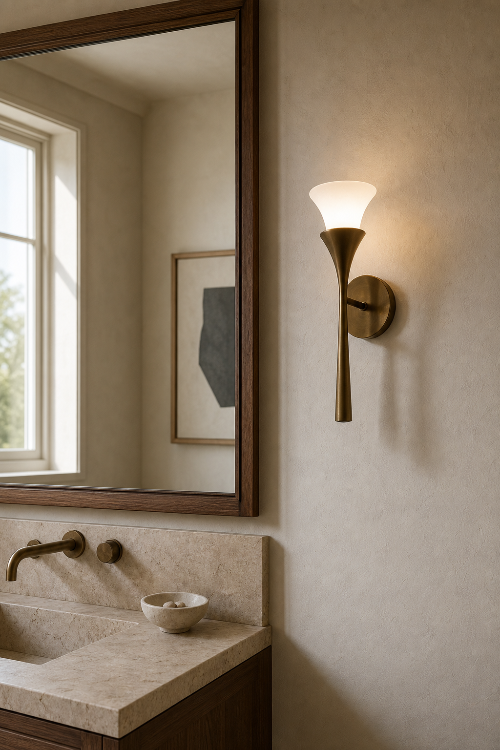 Sculptural Opal Glass and Alabaster Wall Sconce — Model A opal glass dry vanity daylight