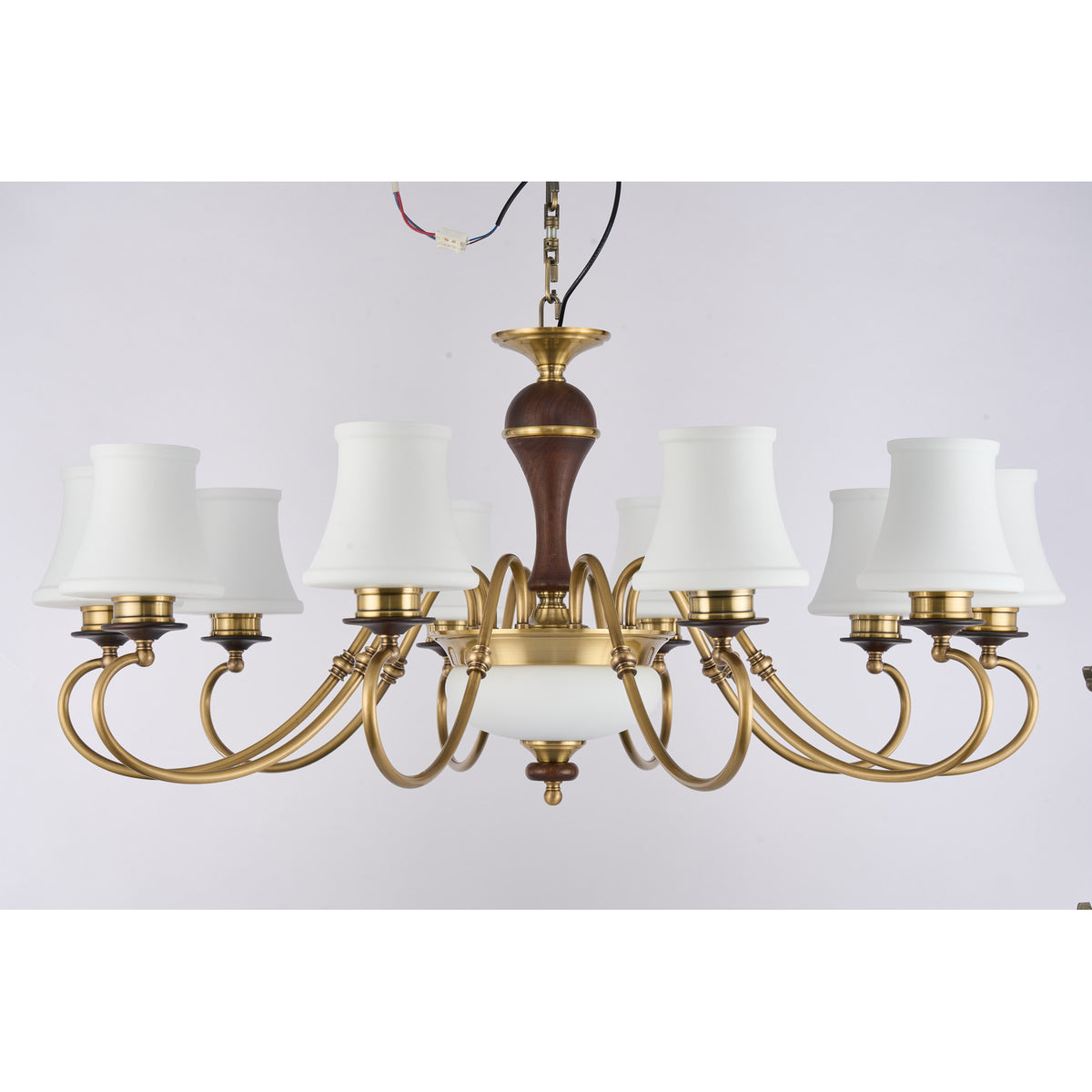 Supplier real photograph of the Glenhaven fifteen-light two-tier chandelier complete unlit front view