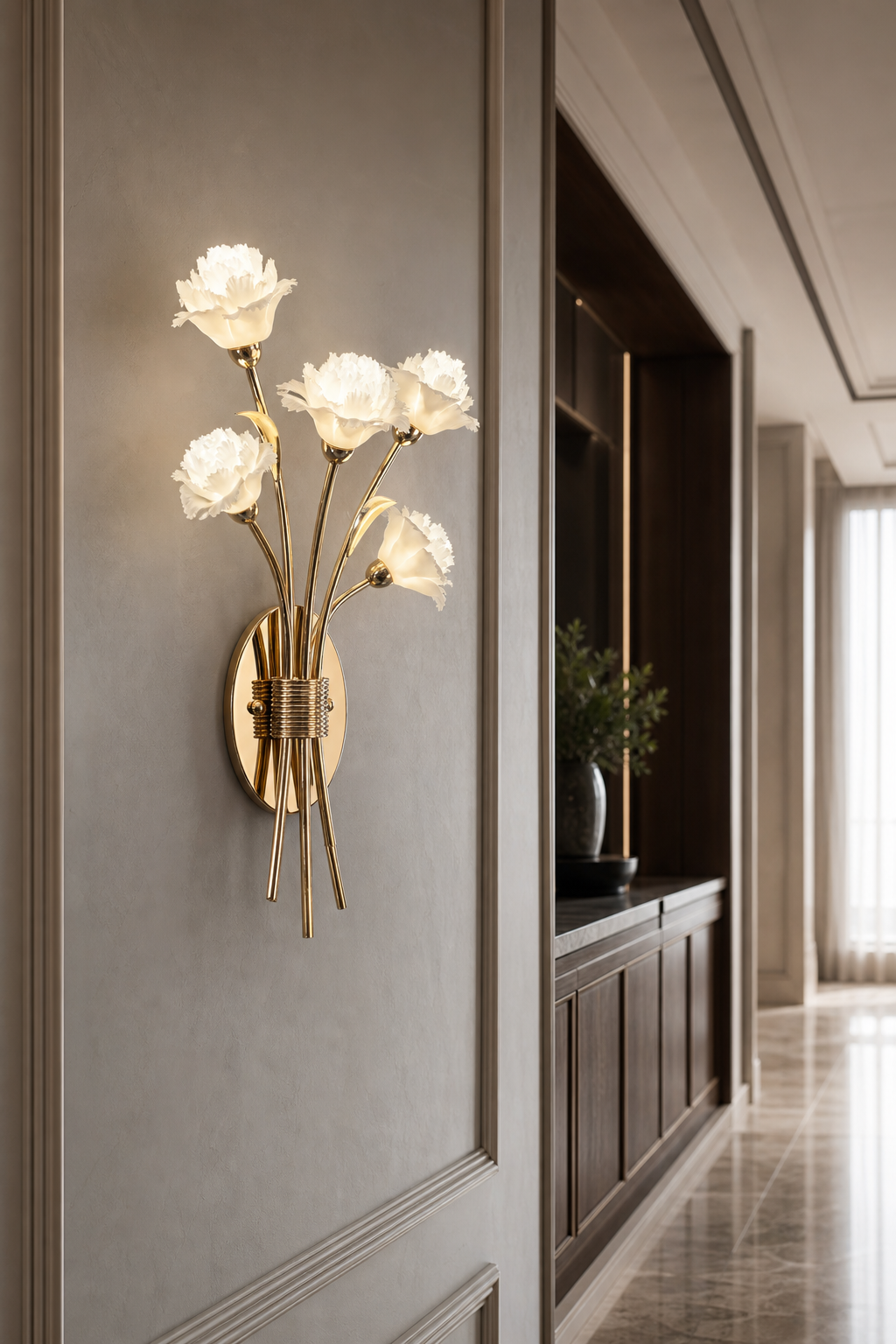 Sylverelle wall sconce – hotel corridor daylight