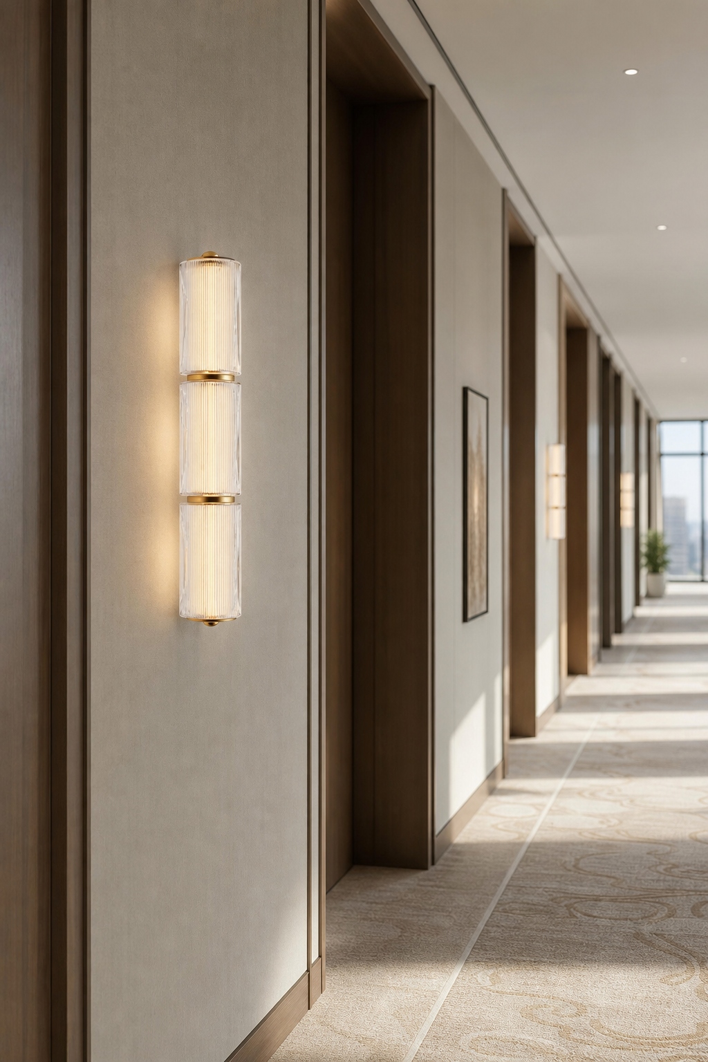 Modern Vertical Multi-Head Wall Sconce - generated workflow 08 08-hotel-corridor-wide-daylight