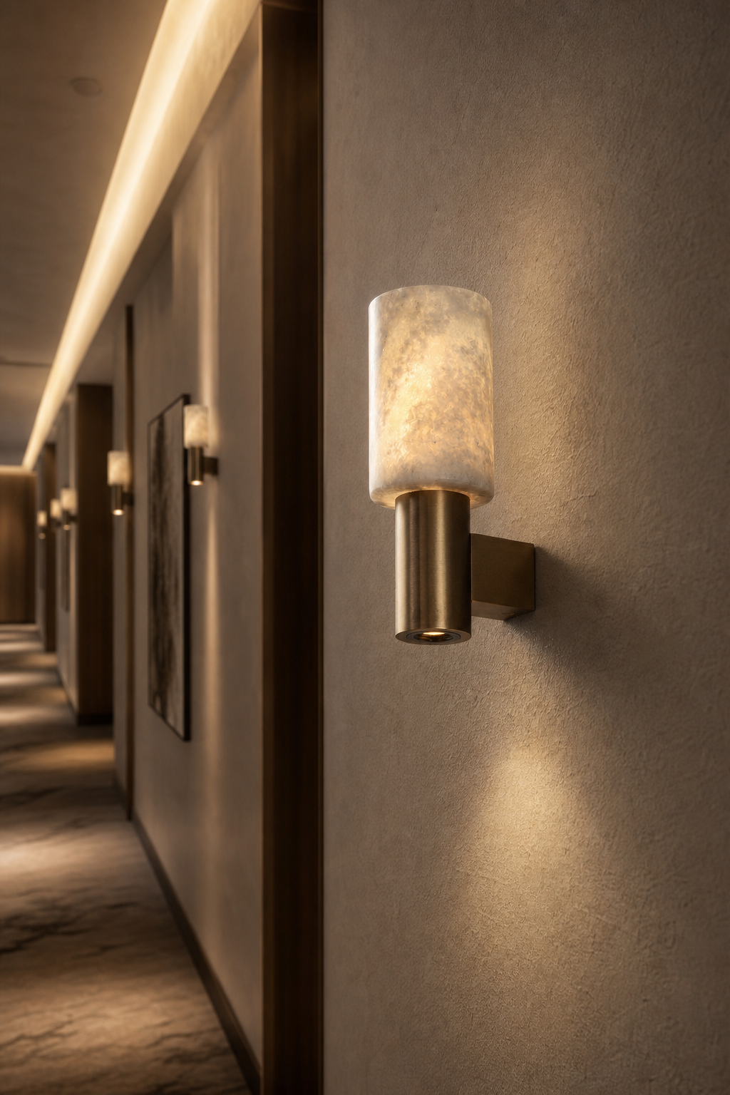 Modern Natural Stone Cylinder Wall Sconce - generated main 08 08-hotel-corridor-wide