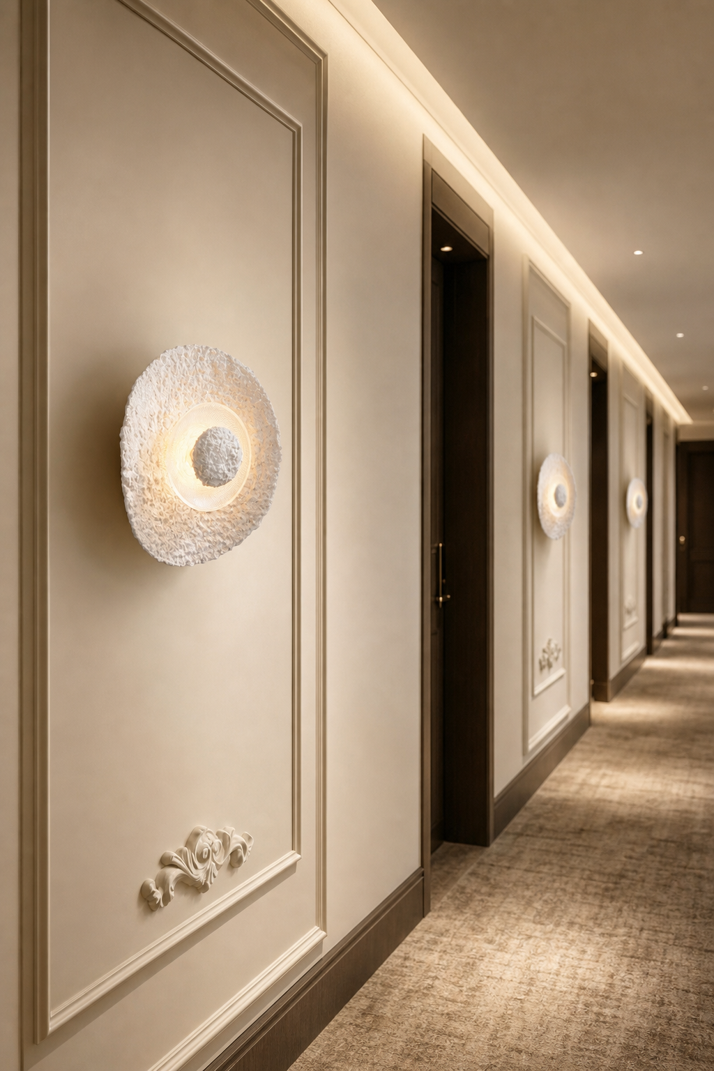 Textured Alabaster Disc Wall Sconce - generated main 08 08-hotel-corridor-wide