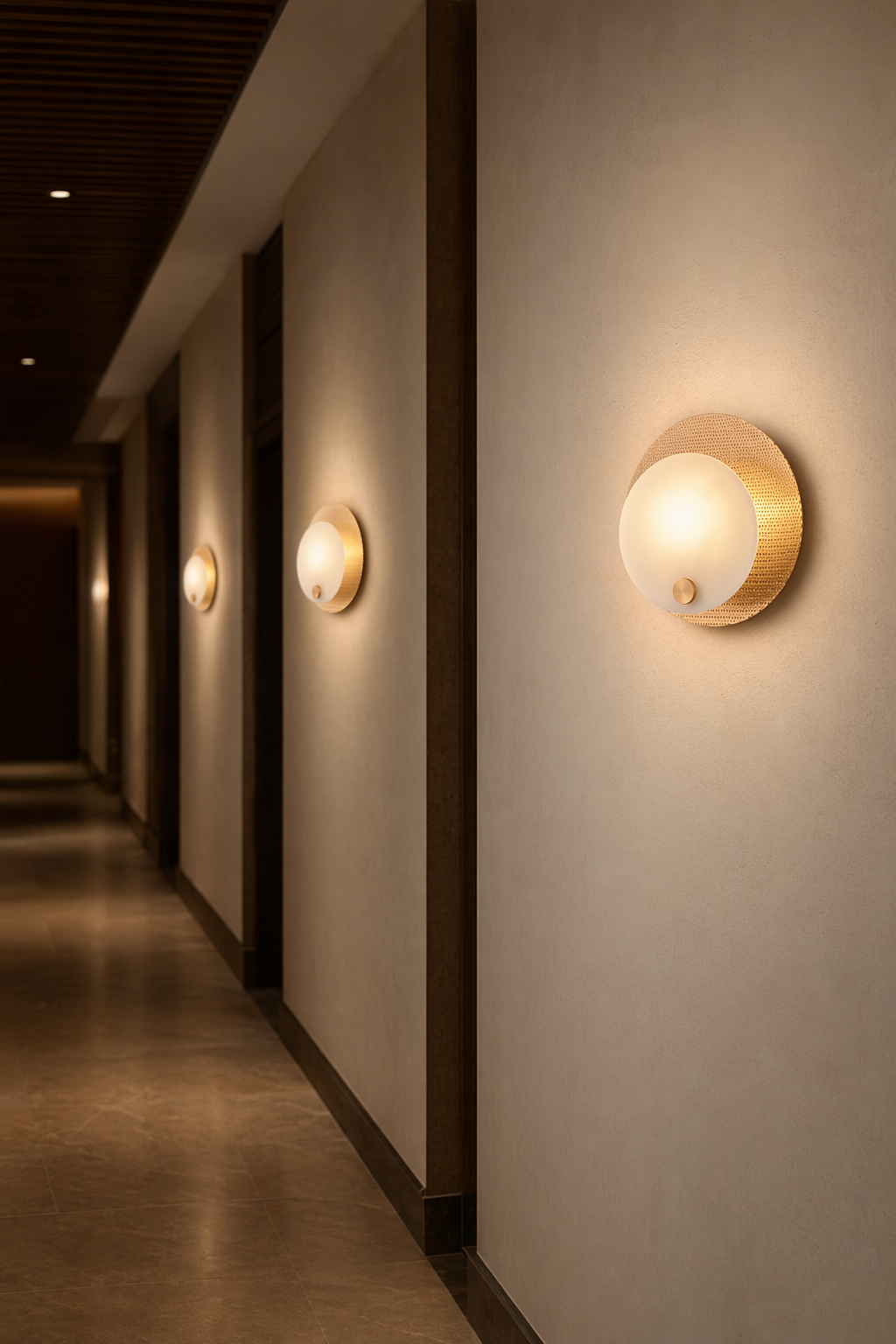 Modern Perforated Copper Alabaster Round Wall Sconce - 08 08-hotel-corridor-wide