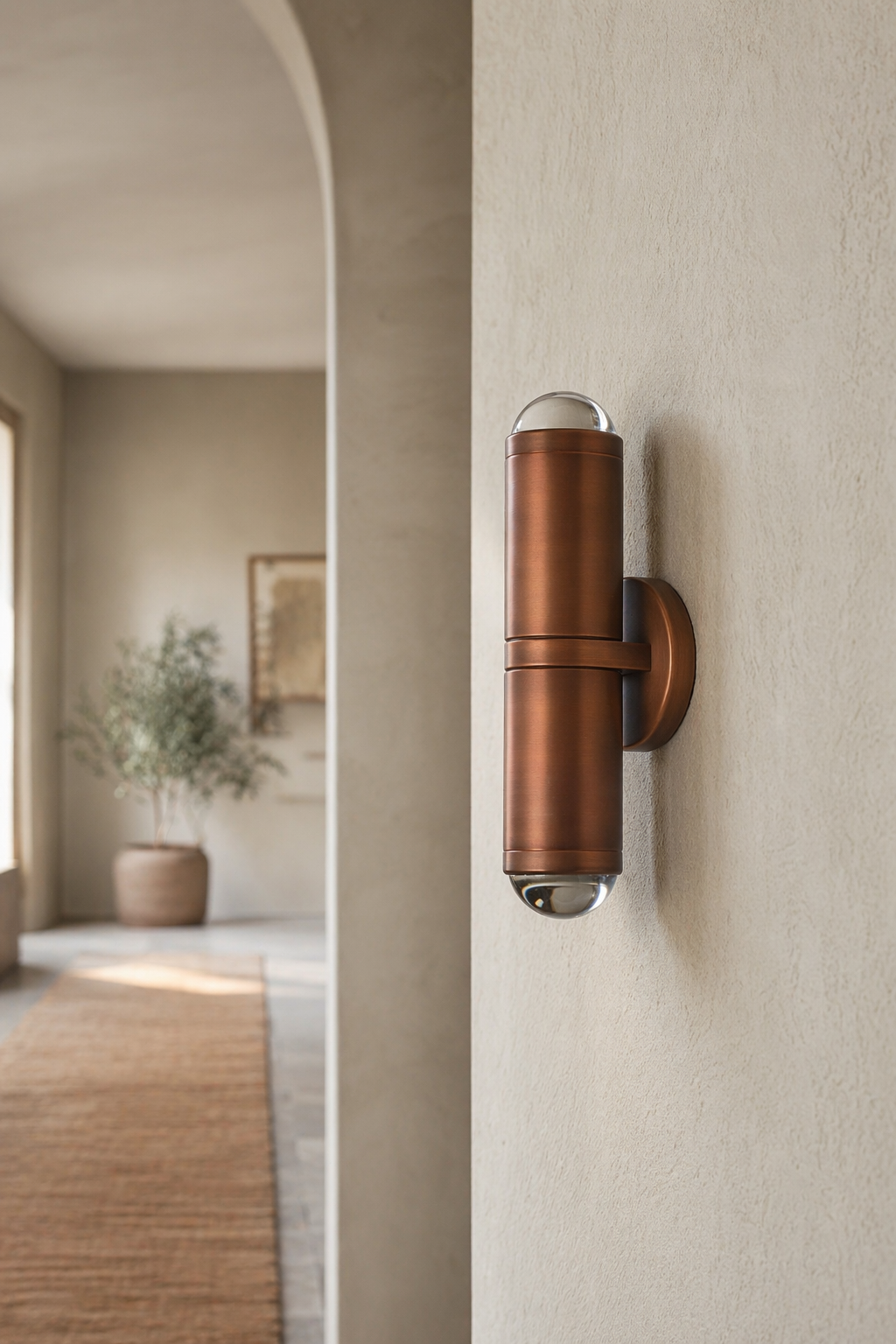 Modern Crystal Glass Cylinder Wall Sconce in Vintage Bronze - generated main 08 08-hotel-corridor-wide