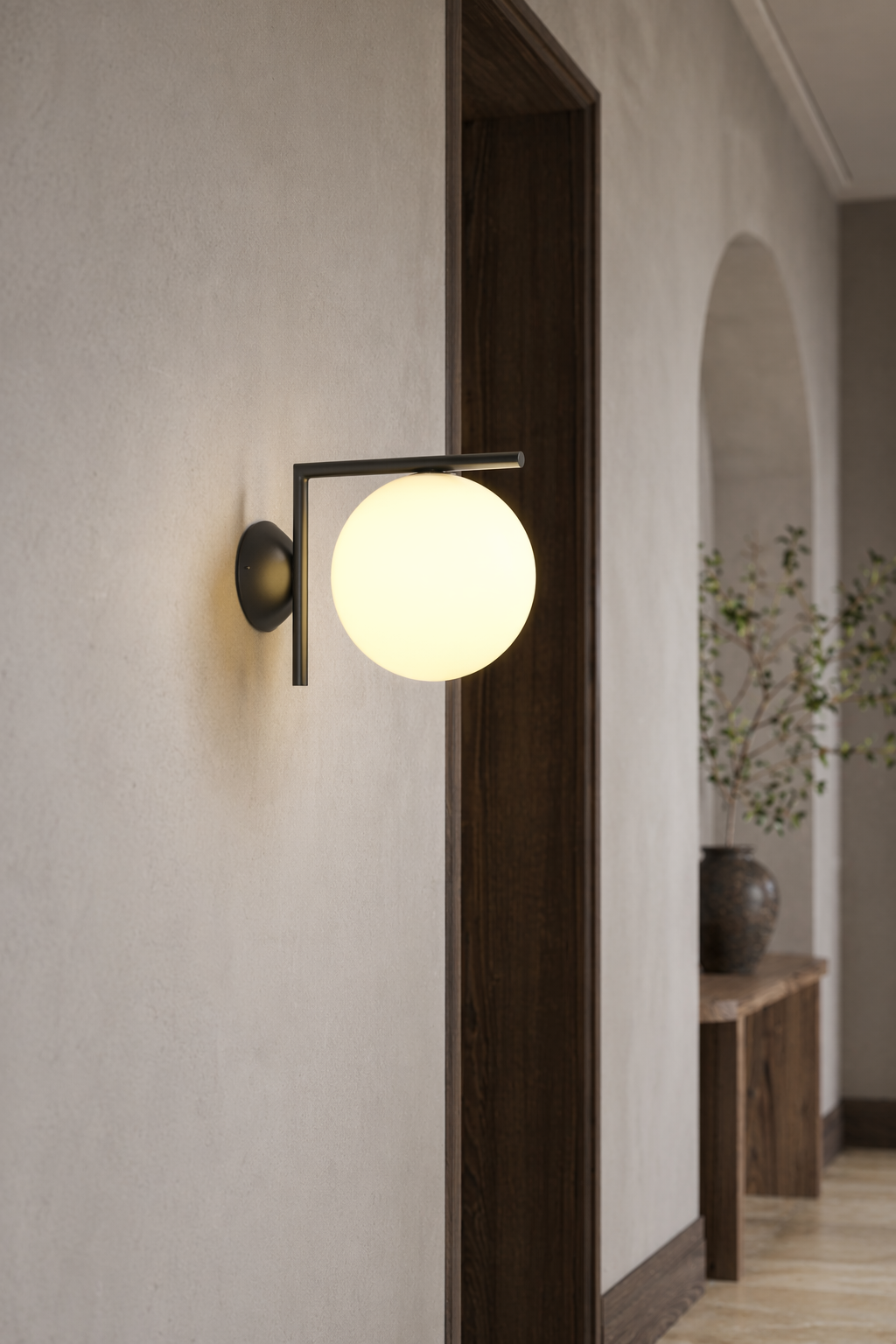 Modern Globe Arm Wall Sconce - generated main 08 08-hotel-corridor-wide