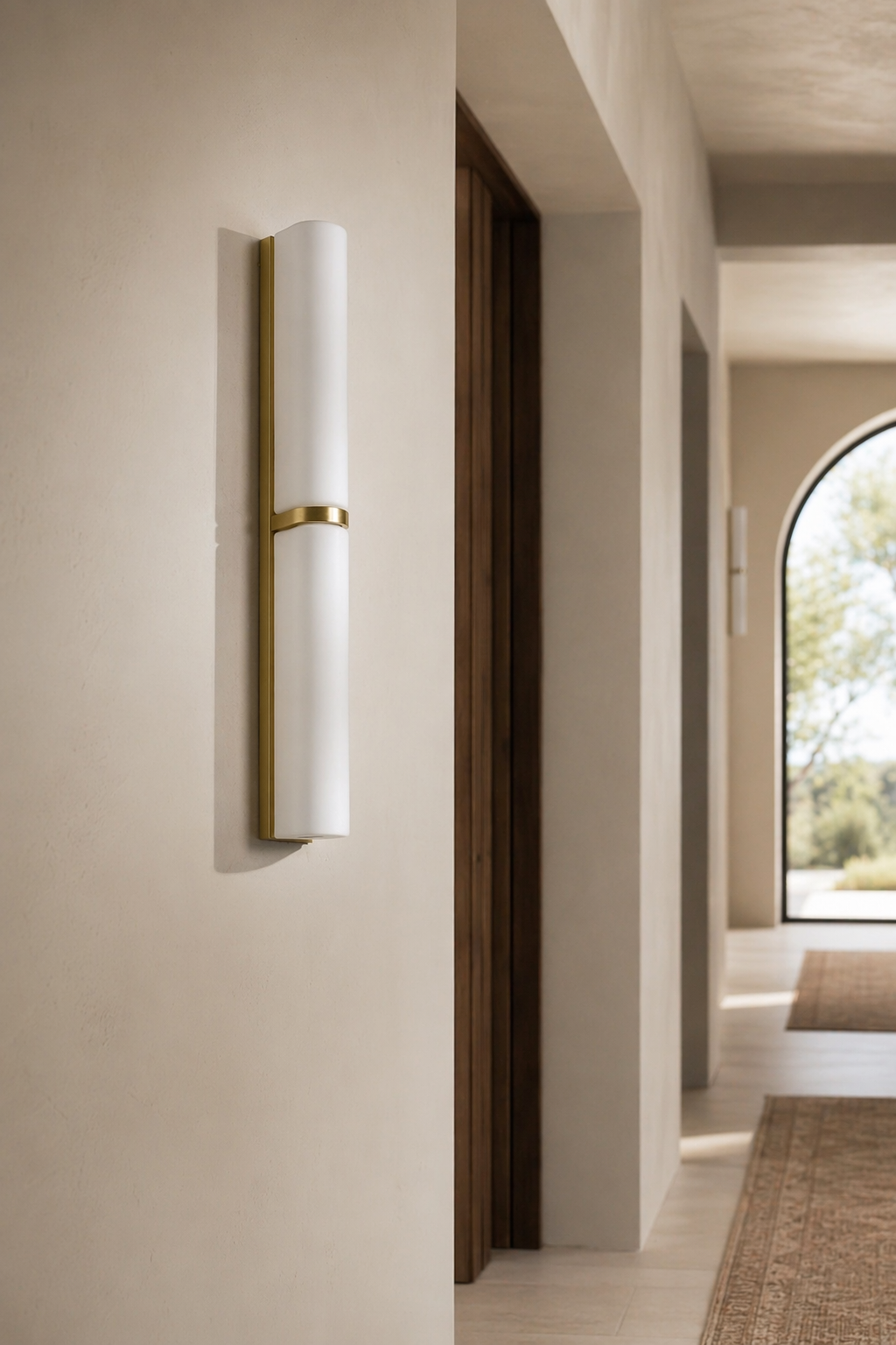 Modern Brushed Brass Milky Glass Wall Sconce - generated main 08 08-hotel-corridor-wide