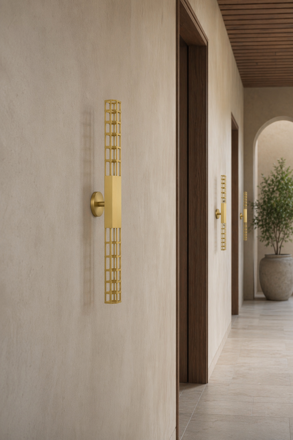 Modern Natural Brass Linear LED Wall Sconce - generated main 08 08-hotel-corridor-wide