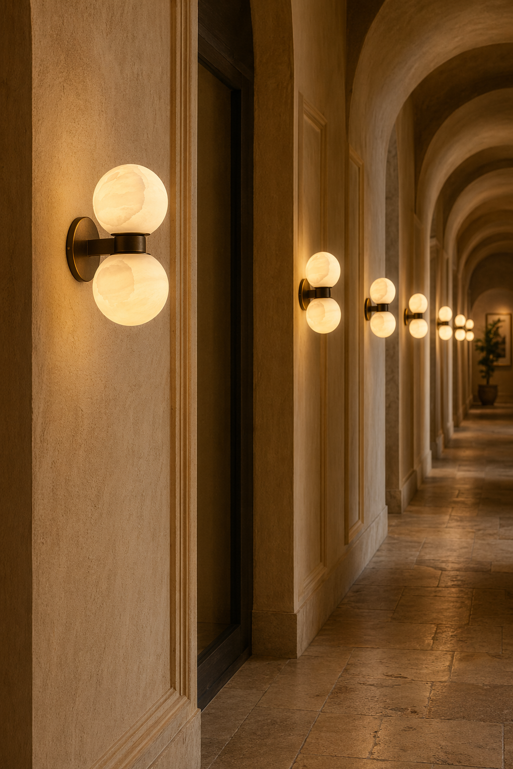 Modern Alabaster Double Globe Wall Sconce in Antique Brass - product image 05