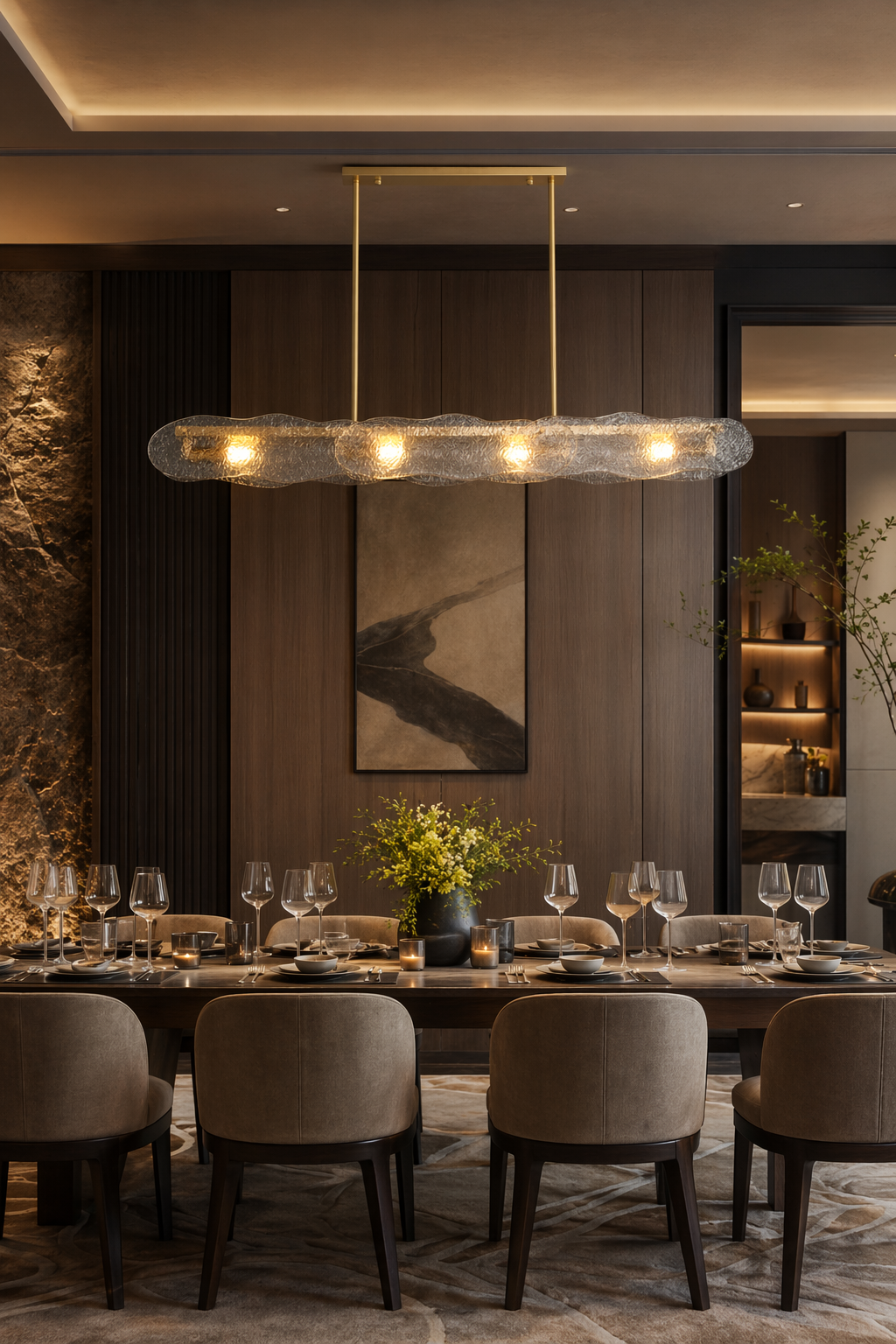 Modern Textured Glass Linear Island Chandelier - 08 08-hotel-dining-suite