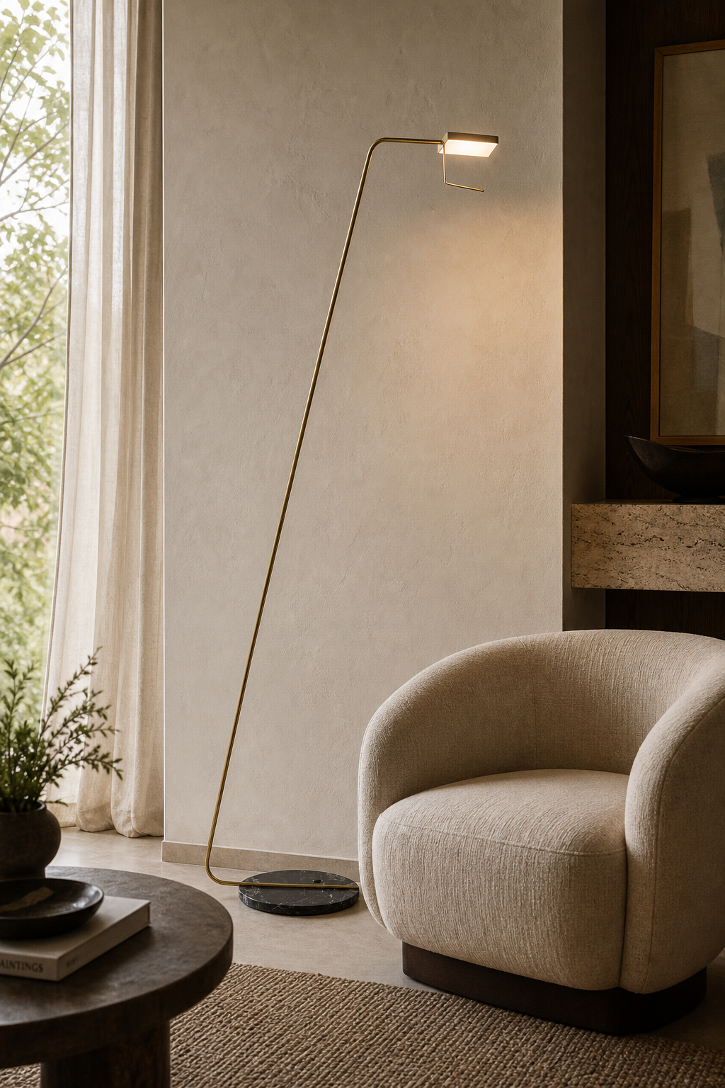Antique Brass Marble LED Floor Lamp styled in a bedroom interior, view 8