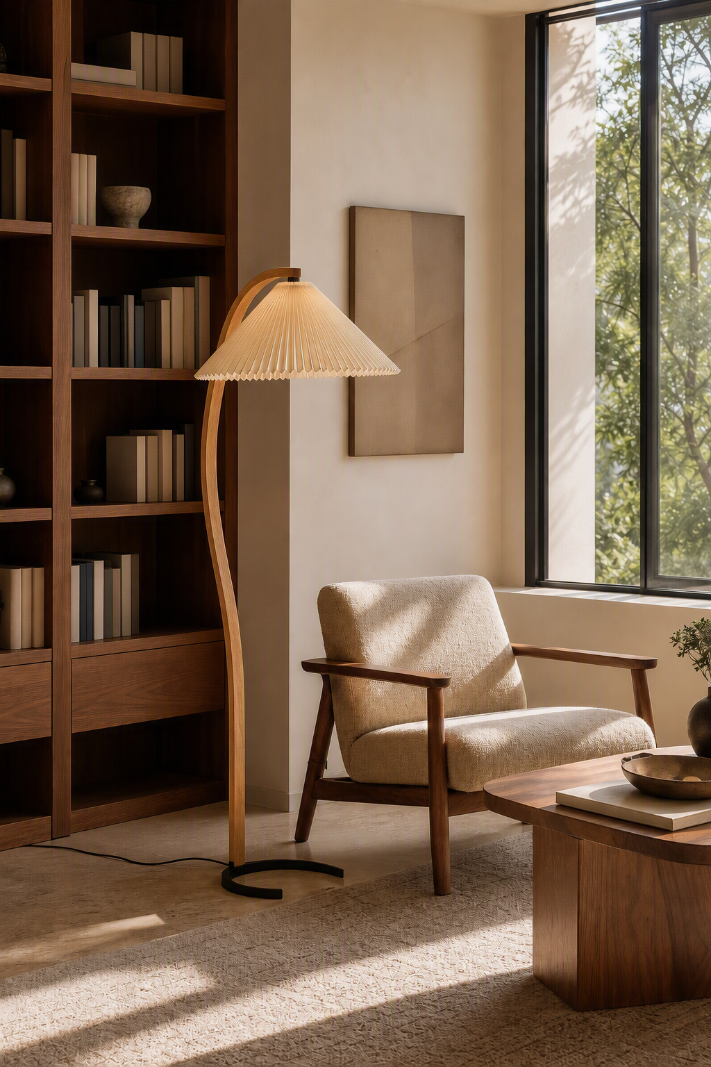 Sculptural Wood Floor Lamp — floor lamp in a daylight library corner