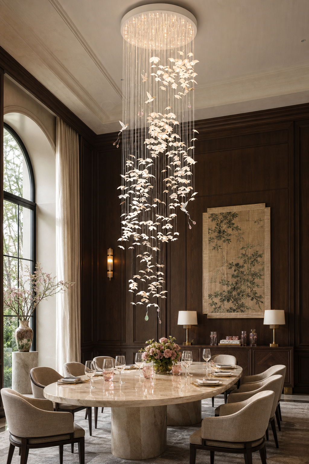 Floating Orchid Ceramic Grand Cascade Chandelier private club dining