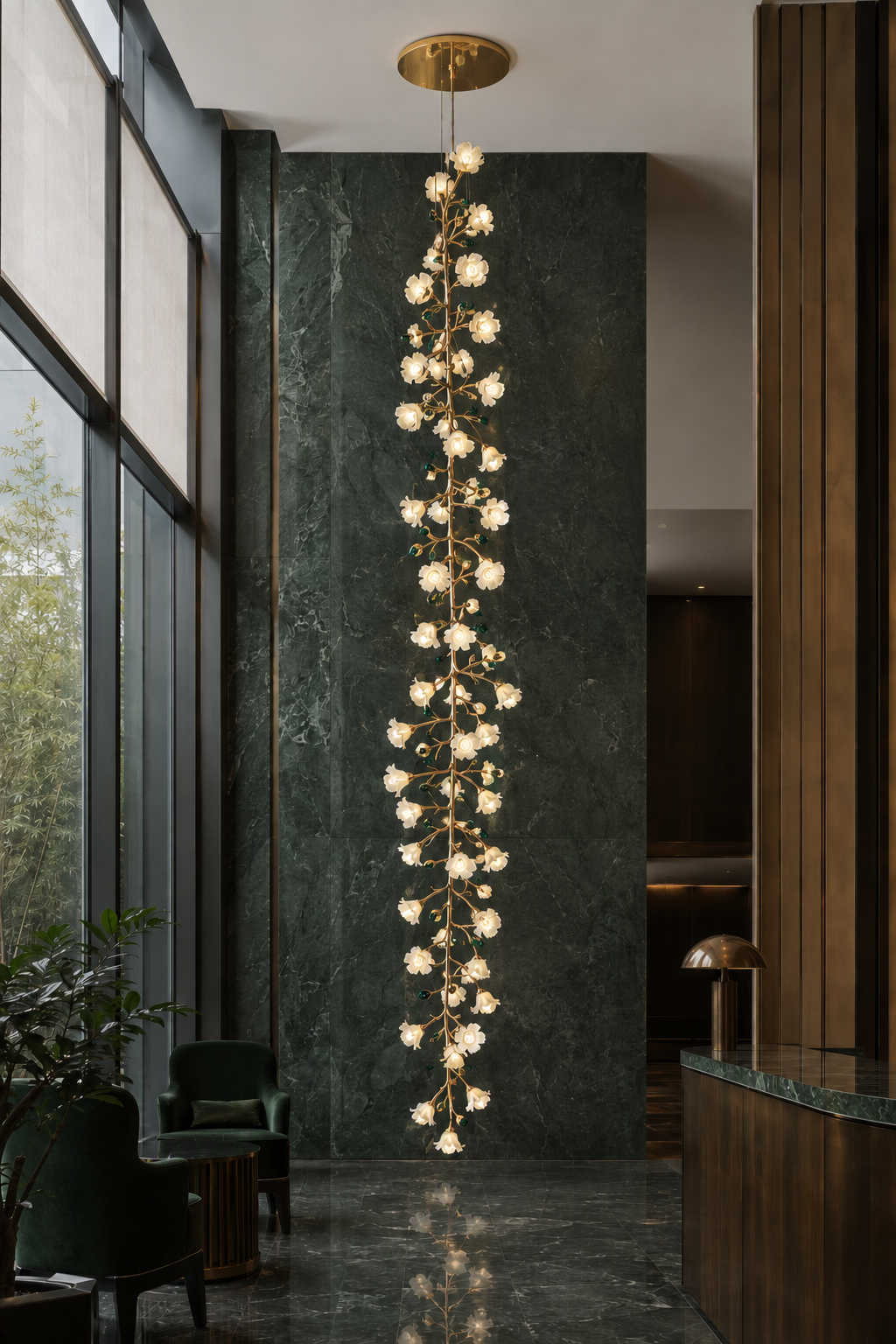 Sylverelle long chandelier – private club lobby with flat round canopy