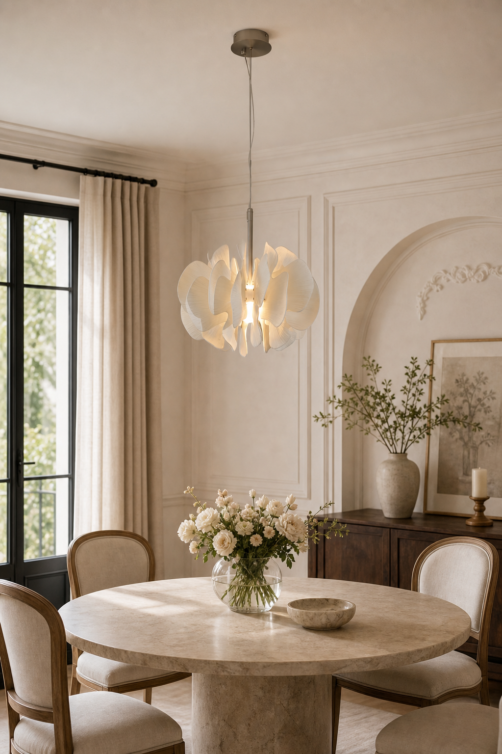 Sculptural Ivory Ceramic Petal Pendant private dining