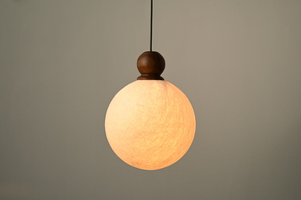 Modern Mulberry Silk Globe Pendant Light in Dark Walnut - 08 08-product-lit-front