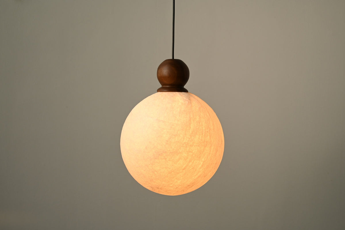 Modern Mulberry Silk Globe Pendant Light in Dark Walnut - 08 08-product-lit-front
