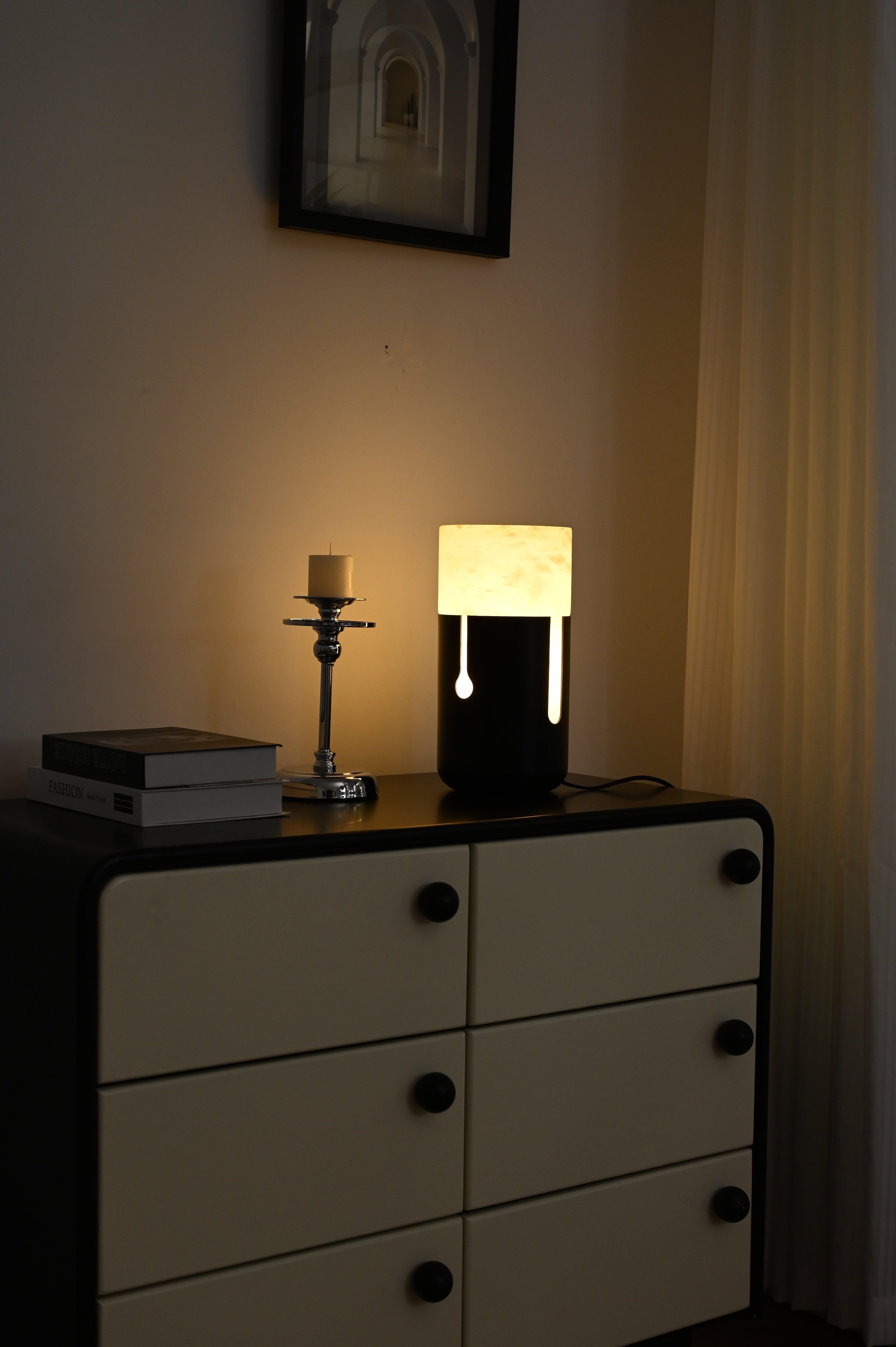 Modern Spanish Alabaster Cylinder Table Lamp in Matte Black - 08 08-real-photo-2-upright