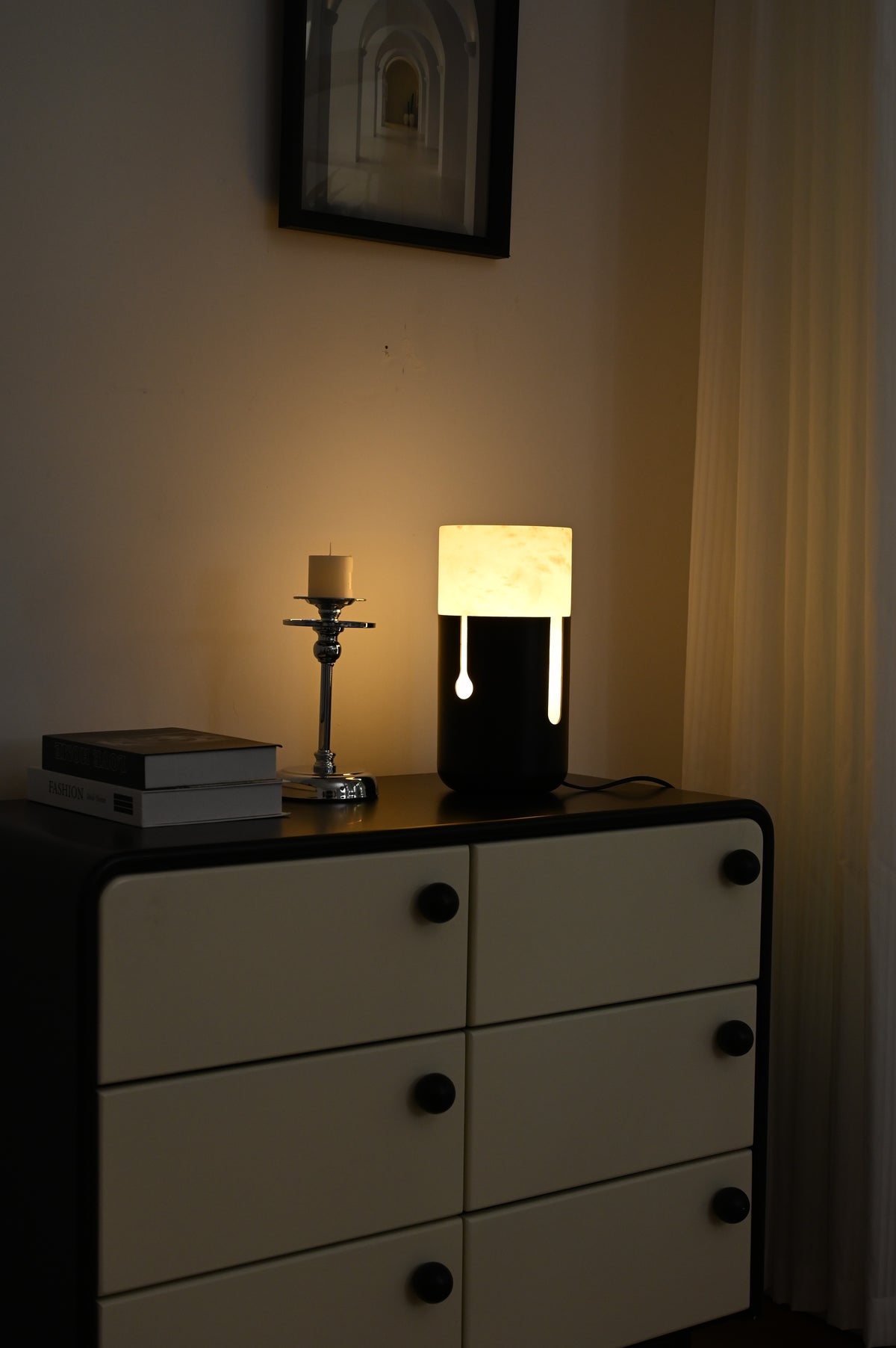Modern Alabaster Cylinder Table Lamp in Matte Black - 08 08-real-photo-2-upright