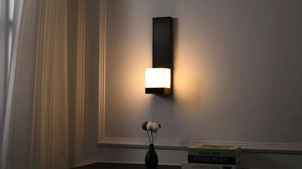 Modern Snowflake Alabaster Wall Sconce in Brushed Black - 08 08-real-shot-video-frame-lit-front