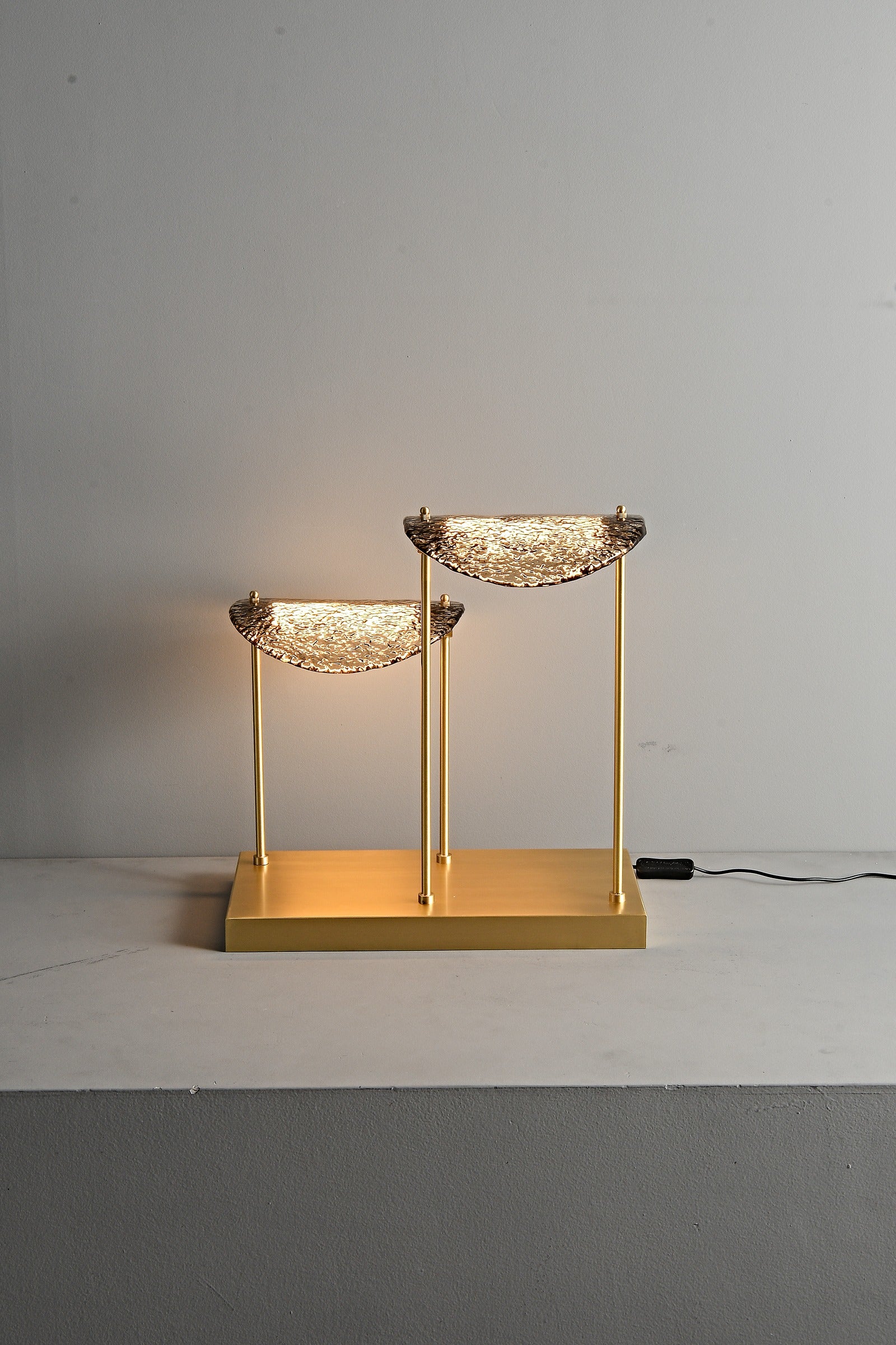 Modern Smoked Glass Brass Table and Floor Lamp - 19 08-real-table-lamp-lit-front